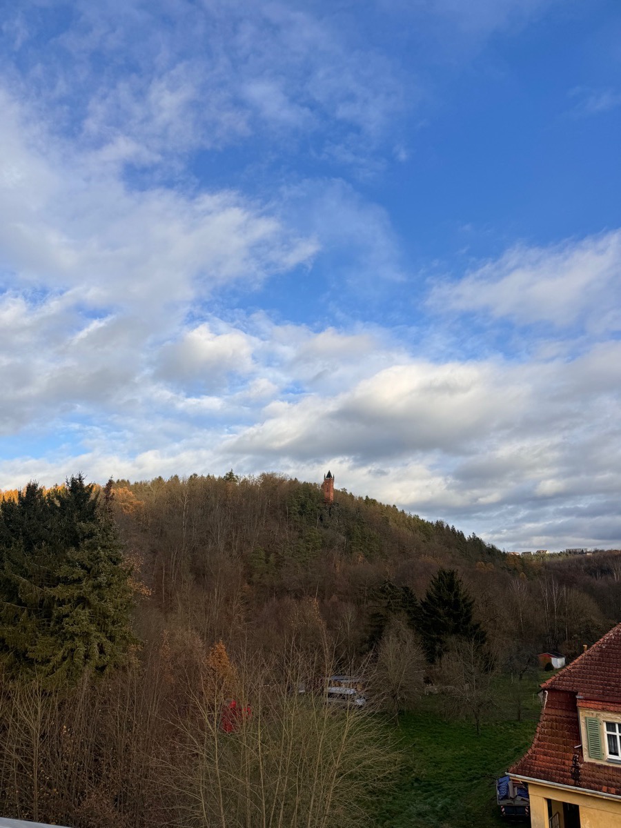 Der Pulverturm auf dem bewaldeten Hügel im Herbst, Blick aus der Wohnung nach Osten