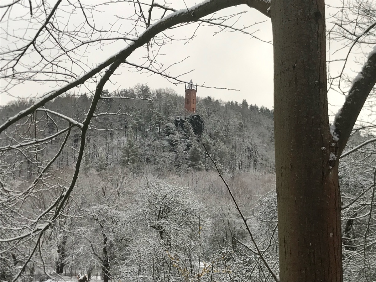 Der Pulverturm in Greiz über verschneiten Bäumen im Winter